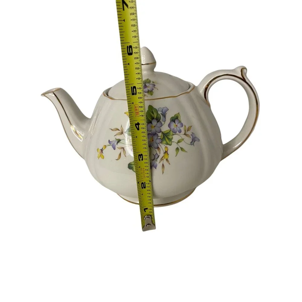 England‎ violet ceramic teapot with lid gilded gold trim rounded floral 6